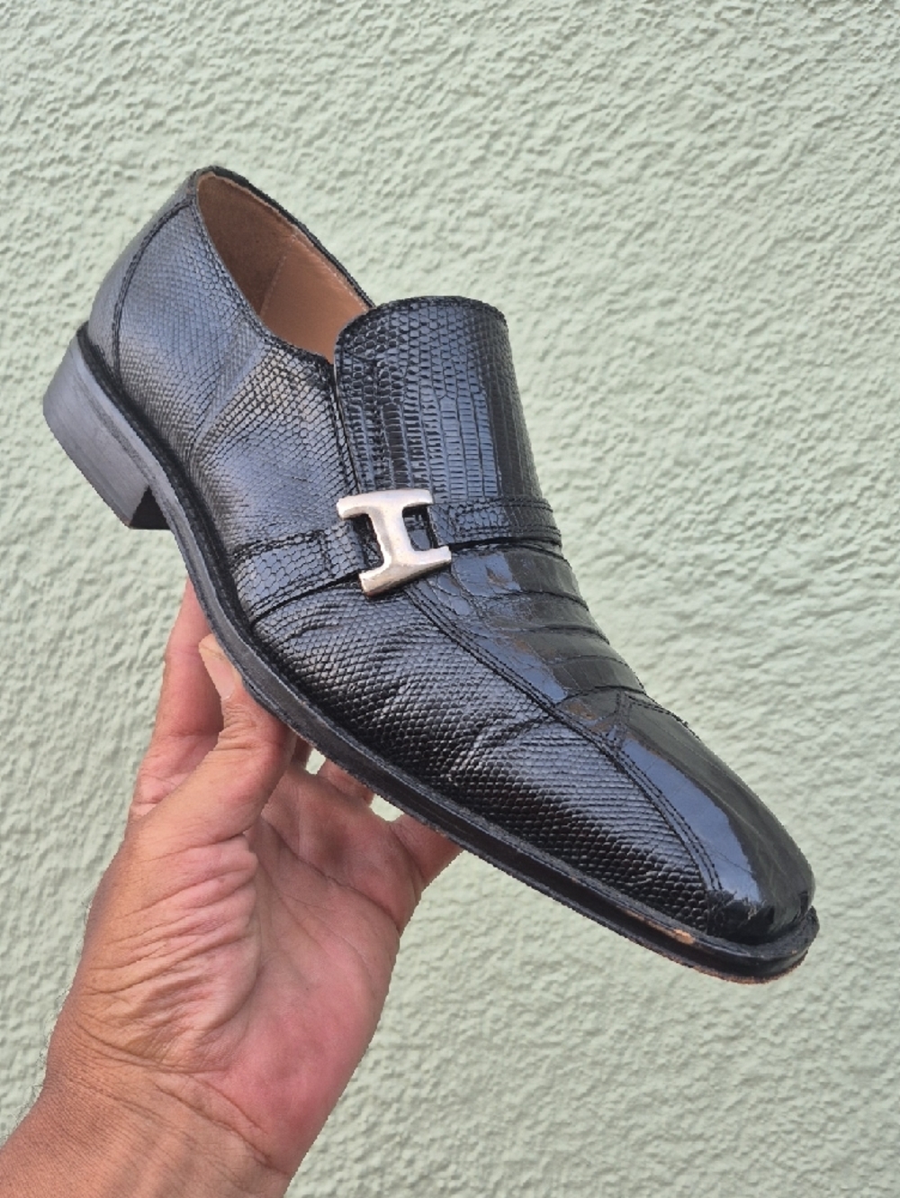David Eden Men's Black Genuine Crocodile & Lizard Skin Slip-On Dress Loafers
